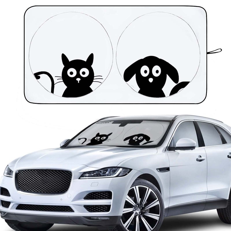 IC ICLOVER Car Windshield Sunshade with Pet Design, Cute Dog & Cat Cartoon Front Windshield Sun Shade Foldable Sunshade Blocks Heat UV Rays, Protect Interior Keep Cool, Fits Cars SUV Truck - Medium - Image 1